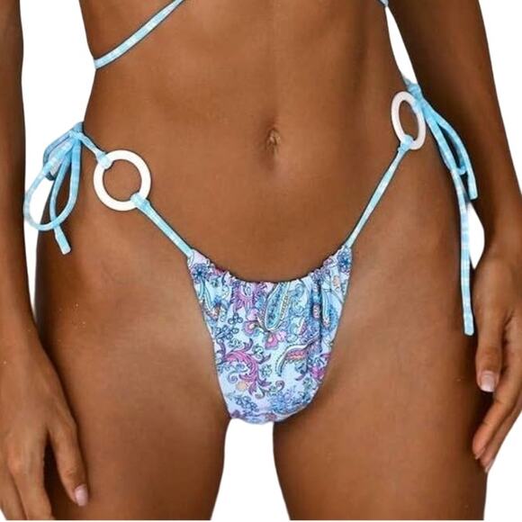 Revolve VDM Reversible Pastel Paisley/Mint Swimsuit String Bikini Bottom L/8 NWT - Picture 1 of 9